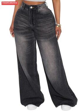High Waisted Wide Leg Straight Leg Jeans 4 Pockets Zipper Closure